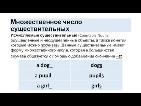 Множественное число существительных Исчисляемые существительные (Countable Nouns) : одушевленные и неодушевленные объекты,