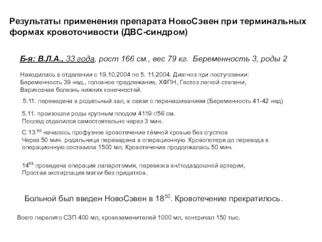 Результаты применения препарата НовоСэвен при терминальных формах кровоточивости (ДВС-синдром) Б-я: В.Л.А., 33