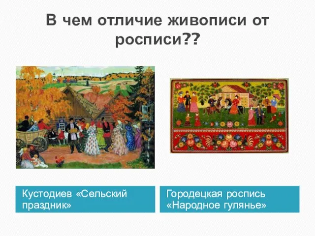 В чем отличие живописи от росписи?? Кустодиев «Сельский праздник» Городецкая роспись «Народное гулянье»