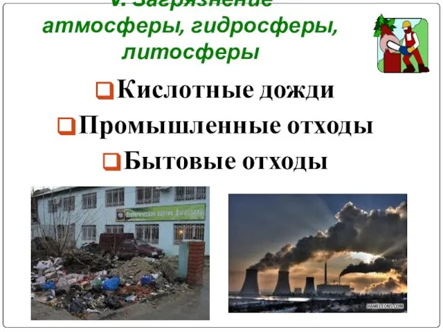 V. Загрязнение атмосферы, гидросферы, литосферы Кислотные дожди Промышленные отходы Бытовые отходы