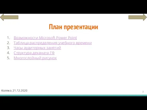 План презентации Возможности Microsoft Power Point Таблица распределения учебного времени Часы аудиторных