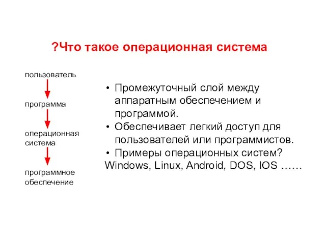 Что такое операционная система? Промежуточный слой между аппаратным обеспечением и программой. Обеспечивает