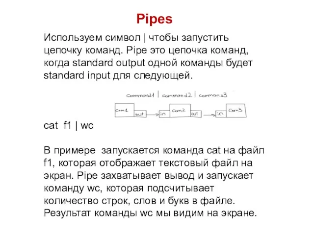 Pipes Используем символ | чтобы запустить цепочку команд. Pipe это цепочка команд,