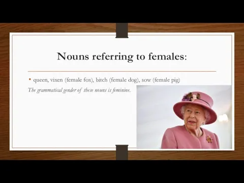 Nouns referring to females: queen, vixen (female fox), bitch (female dog), sow