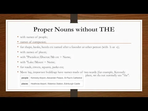 Proper Nouns without THE with names of people; names of companies; for