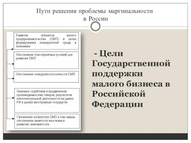 Пути решения проблемы маргинальности в России - Цели Государственной поддержки малого бизнеса в Российской Федерации