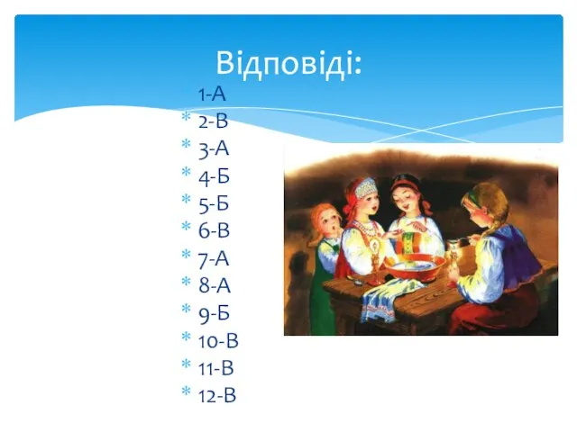 1-А 2-В 3-А 4-Б 5-Б 6-В 7-А 8-А 9-Б 10-В 11-В 12-В Відповіді: