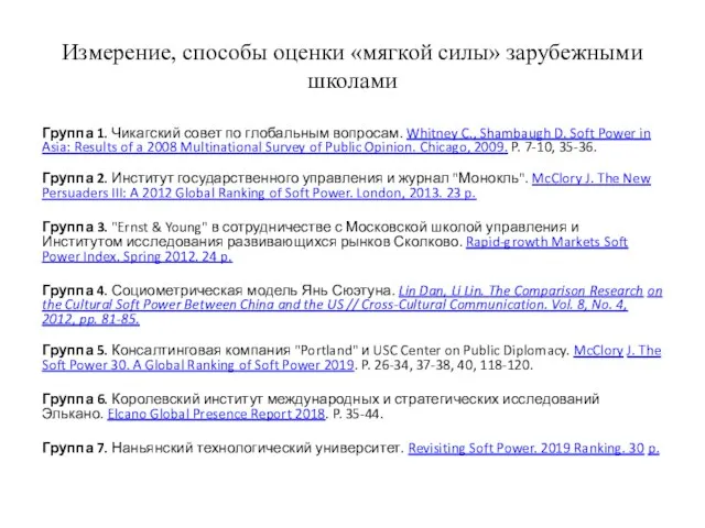 Измерение, способы оценки «мягкой силы» зарубежными школами Группа 1. Чикагский совет по