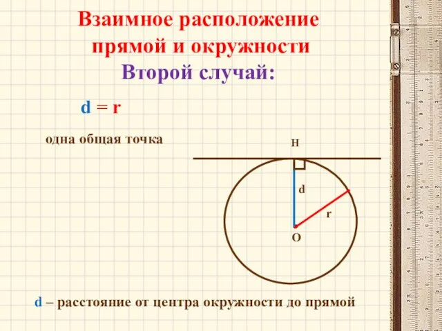 Взаимное расположение прямой и окружности Второй случай: О Н r одна общая