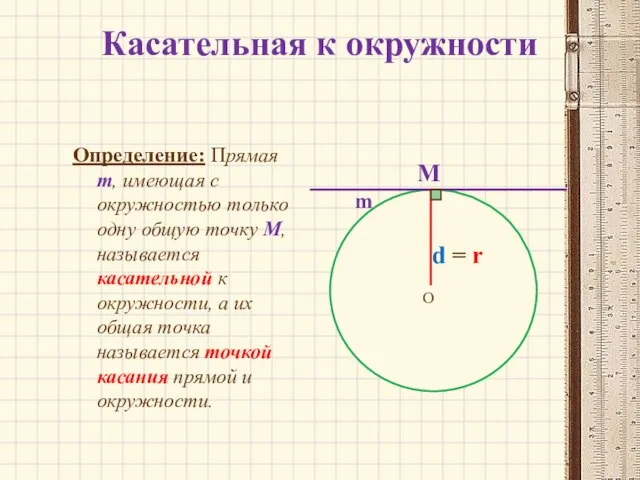 Касательная к окружности Определение: Прямая m, имеющая с окружностью только одну общую