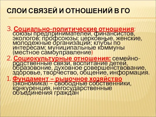 СЛОИ СВЯЗЕЙ И ОТНОШЕНИЙ В ГО 3. Социально-политические отношения: союзы предпринимателей, финансистов,