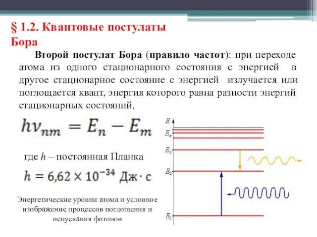 § 1.2. Квантовые постулаты Бора Второй постулат Бора (правило частот): при переходе