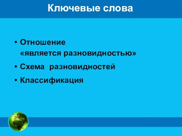 Ключевые слова Отношение «является разновидностью» Схема разновидностей Классификация