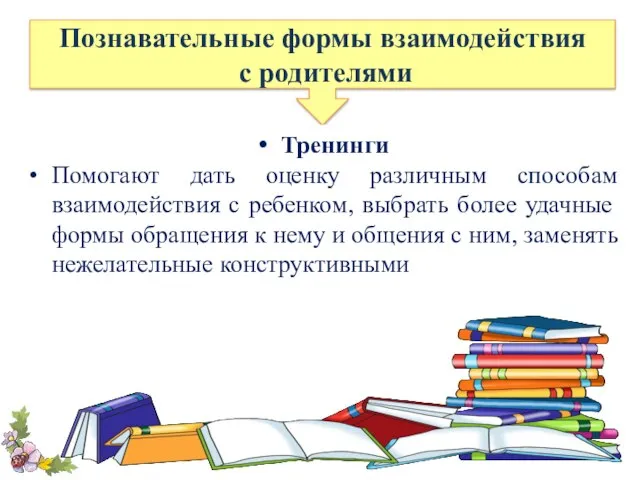 Познавательные формы взаимодействия с родителями Тренинги Помогают дать оценку различным способам взаимодействия