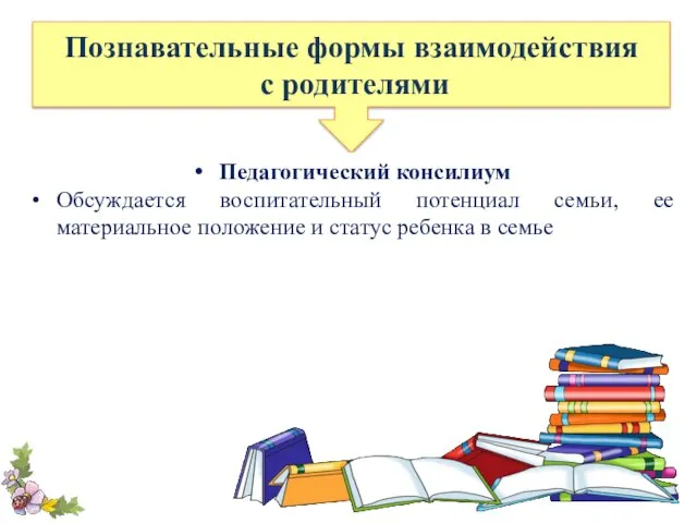 Познавательные формы взаимодействия с родителями Педагогический консилиум Обсуждается воспитательный потенциал семьи, ее