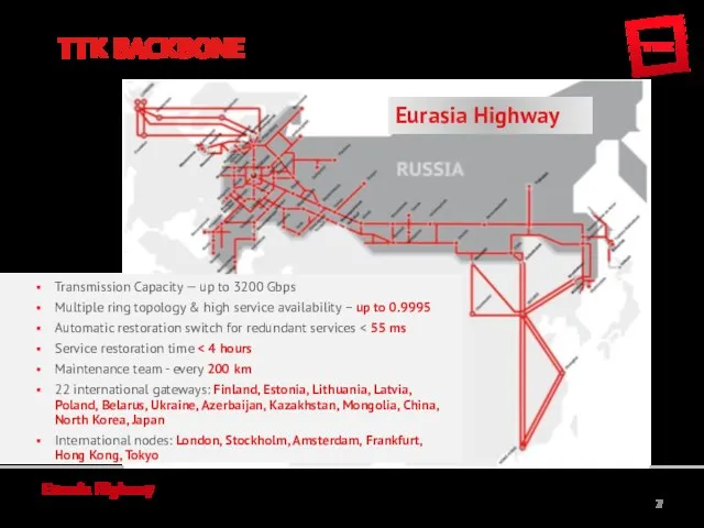 Eurasia Highway TTK BACKBONE Transmission Capacity — up to 3200 Gbps Multiple