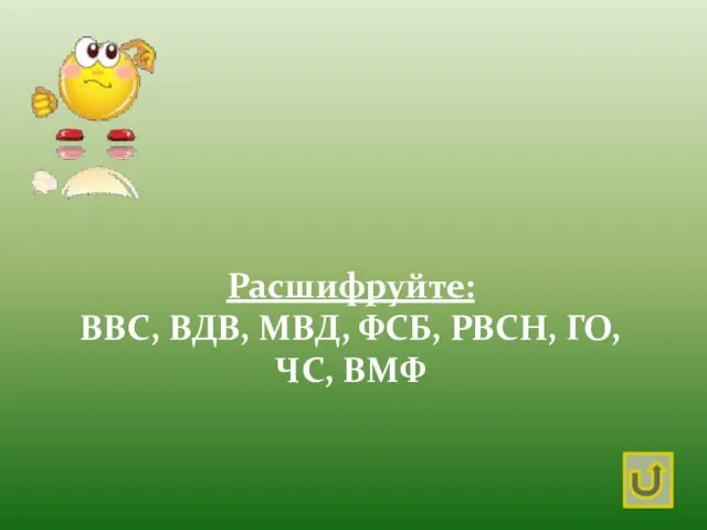 Расшифруйте: ВВС, ВДВ, МВД, ФСБ, РВСН, ГО, ЧС, ВМФ