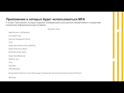 Приложения в которых будет использоваться MFA In scope: Приложения, которые содержат конфиденциальные