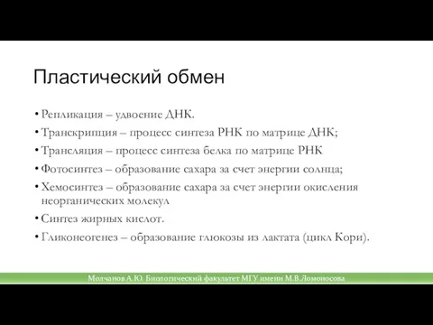 Пластический обмен Репликация – удвоение ДНК. Транскрипция – процесс синтеза РНК по