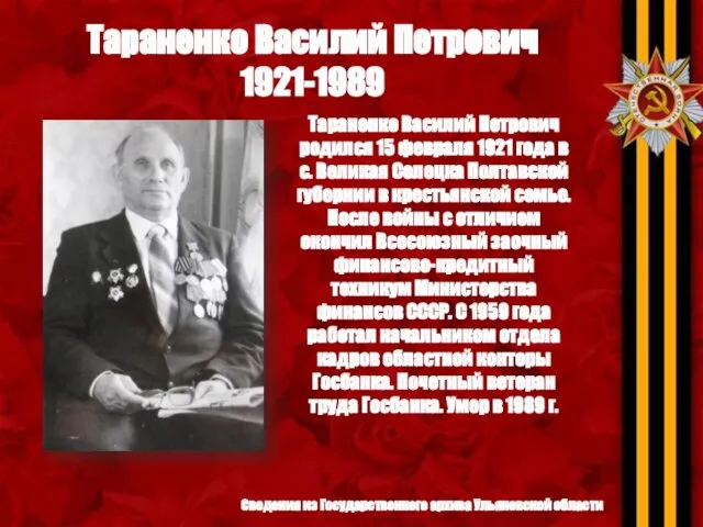 Сведения из Государственного архива Ульяновской области Тараненко Василий Петрович 1921-1989 Тараненко Василий