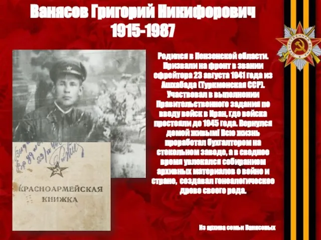 Ванясов Григорий Никифорович 1915-1987 Родился в Пензенской области. Призвали на фронт в