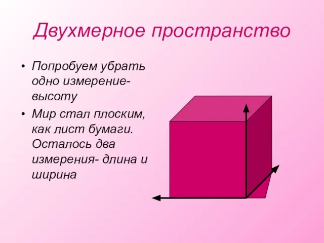 Двухмерное пространство Попробуем убрать одно измерение- высоту Мир стал плоским, как лист