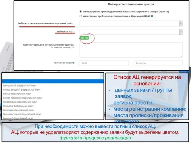 Список АЦ генерируется на основании: данных заявки / группы заявок; региона работы;