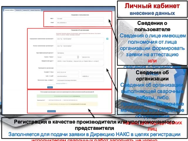 Личный кабинет внесение данных Сведения о пользователе Сведения о лице имеющем полномочия