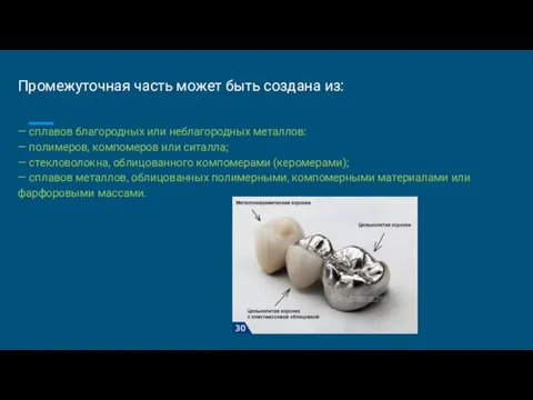 Промежуточная часть может быть создана из: — сплавов благородных или неблагородных металлов: