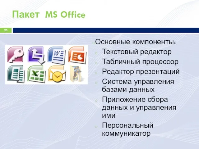 Пакет MS Office Основные компоненты: Текстовый редактор Табличный процессор Редактор презентаций Система