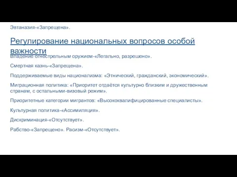 Регулирование национальных вопросов особой важности Эвтаназия-«Запрещена». Владение огнестрельным оружием-«Легально, разрешено». Смертная казнь-«Запрещена».