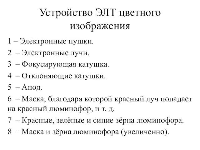 Устройство ЭЛТ цветного изображения 1 – Электронные пушки. 2 – Электронные лучи.