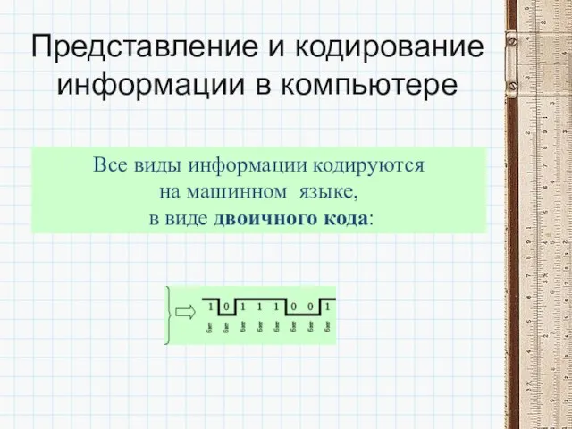 Представление и кодирование информации в компьютере Все виды информации кодируются на машинном