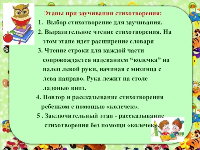 Этапы при заучивании стихотворения: 1. Выбор стихотворение для заучивания. 2. Выразительное чтение