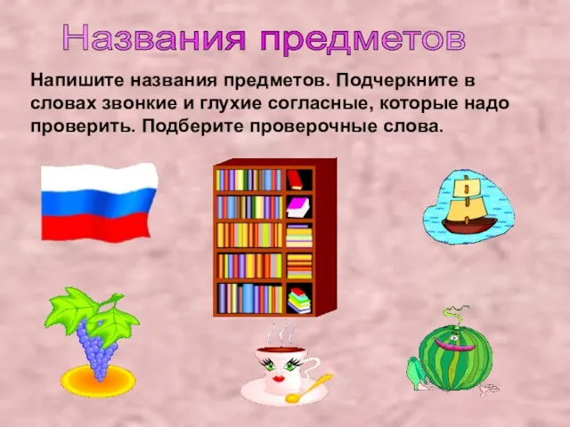 Названия предметов Напишите названия предметов. Подчеркните в словах звонкие и глухие согласные,