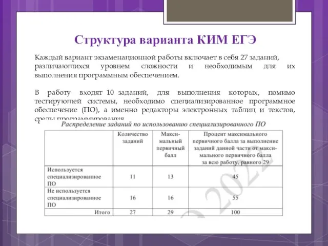 Структура варианта КИМ ЕГЭ Каждый вариант экзаменационной работы включает в себя 27