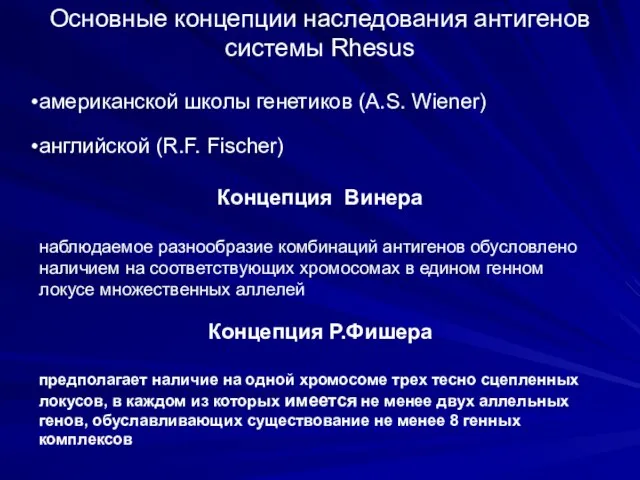 Основные концепции наследования антигенов системы Rhesus американской школы генетиков (A.S. Wiener) английской