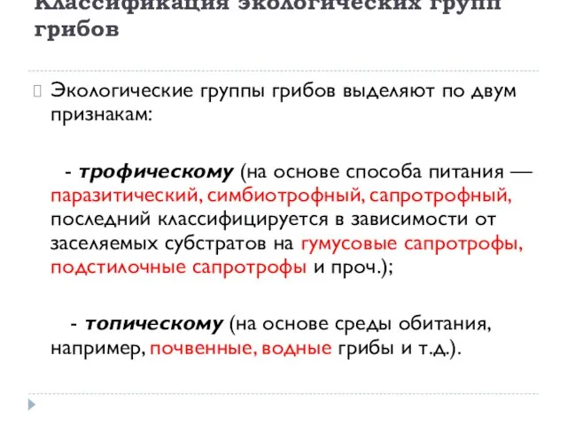 Классификация экологических групп грибов Экологические группы грибов выделяют по двум признакам: -