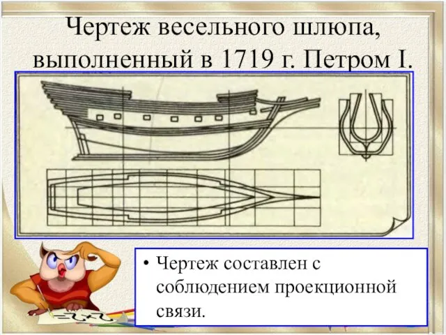 Чертеж весельного шлюпа, выполненный в 1719 г. Петром I. Чертеж составлен с соблюдением проекционной связи.