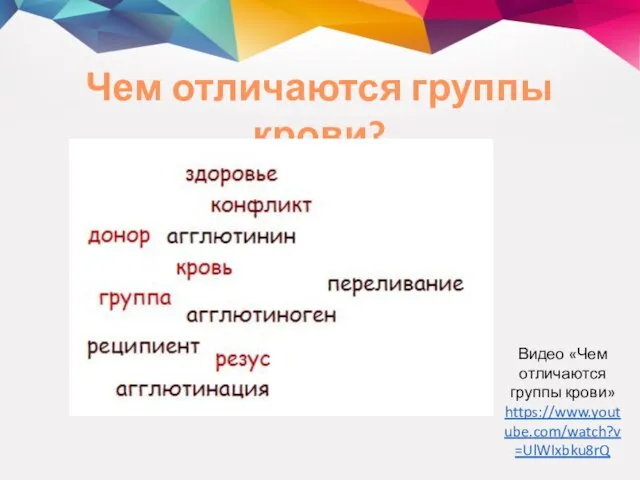 Чем отличаются группы крови? Видео «Чем отличаются группы крови» https://www.youtube.com/watch?v=UlWIxbku8rQ