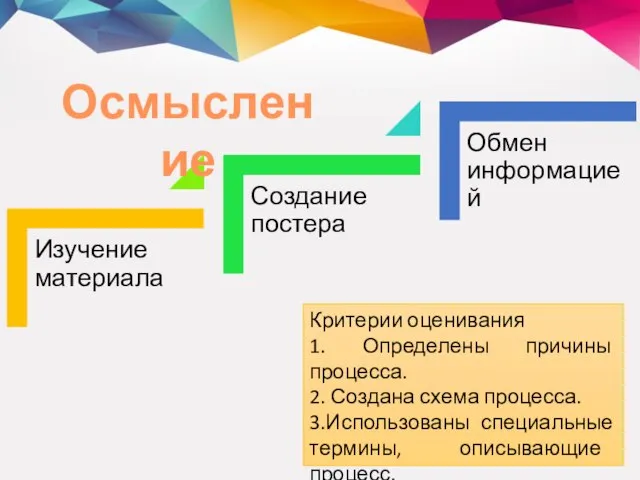 Осмысление Критерии оценивания 1. Определены причины процесса. 2. Создана схема процесса. 3.Использованы специальные термины, описывающие процесс.