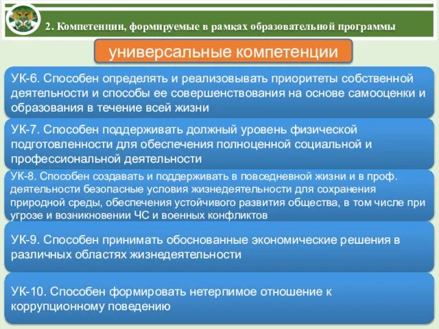 2. Компетенции, формируемые в рамках образовательной программы универсальные компетенции