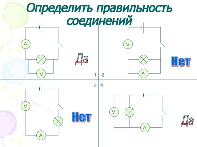 Определить правильность соединений 1 2 3 4 V A Да Да Нет Нет