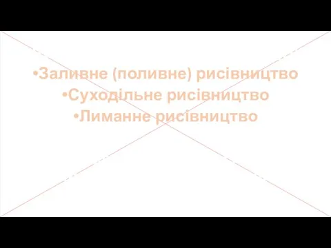 Існує три основні типи рисівництва: Заливне (поливне) рисівництво Суходільне рисівництво Лиманне рисівництво