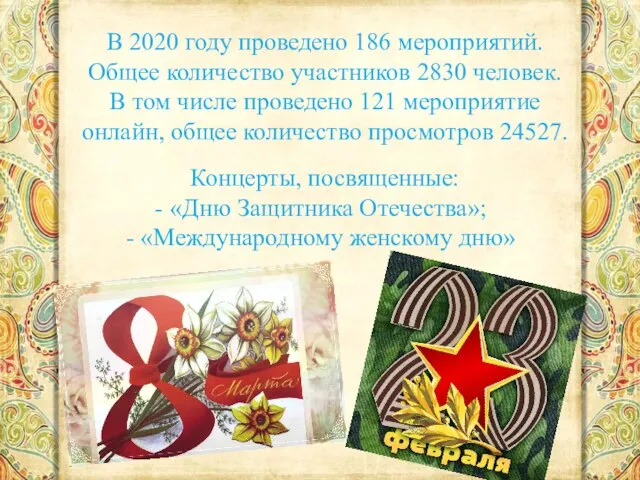 В 2020 году проведено 186 мероприятий. Общее количество участников 2830 человек. В