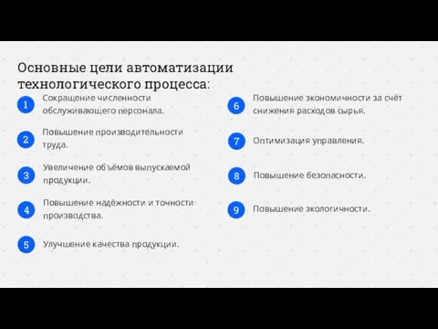 Основные цели автоматизации технологического процесса: Сокращение численности обслуживающего персонала. 1 Повышение производительности