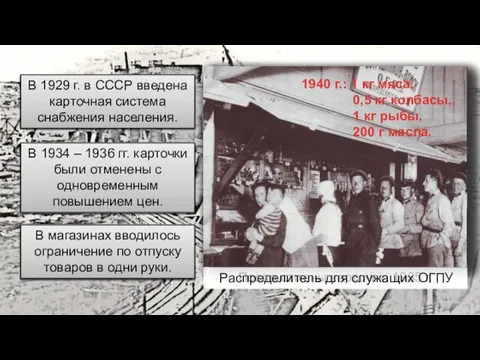 Магазин, начало 1930-х гг. После отмены карточек, 1935 г. Распределитель для служащих