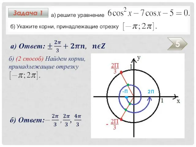 Задача 1 б) Укажите корни, принадлежащие отрезку 5 а) решите уравнение б)