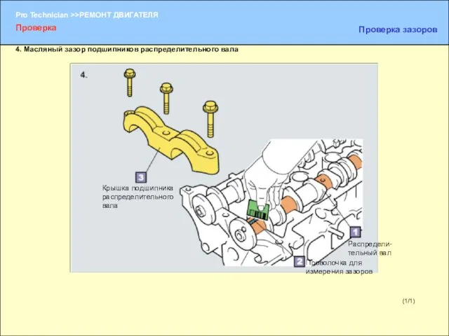 (1/1) Проверка Проверка зазоров 4. Масляный зазор подшипников распределительного вала Распредели-тельный вал