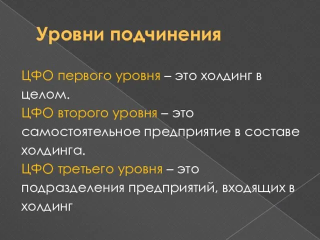 Уровни подчинения ЦФО первого уровня – это холдинг в целом. ЦФО второго